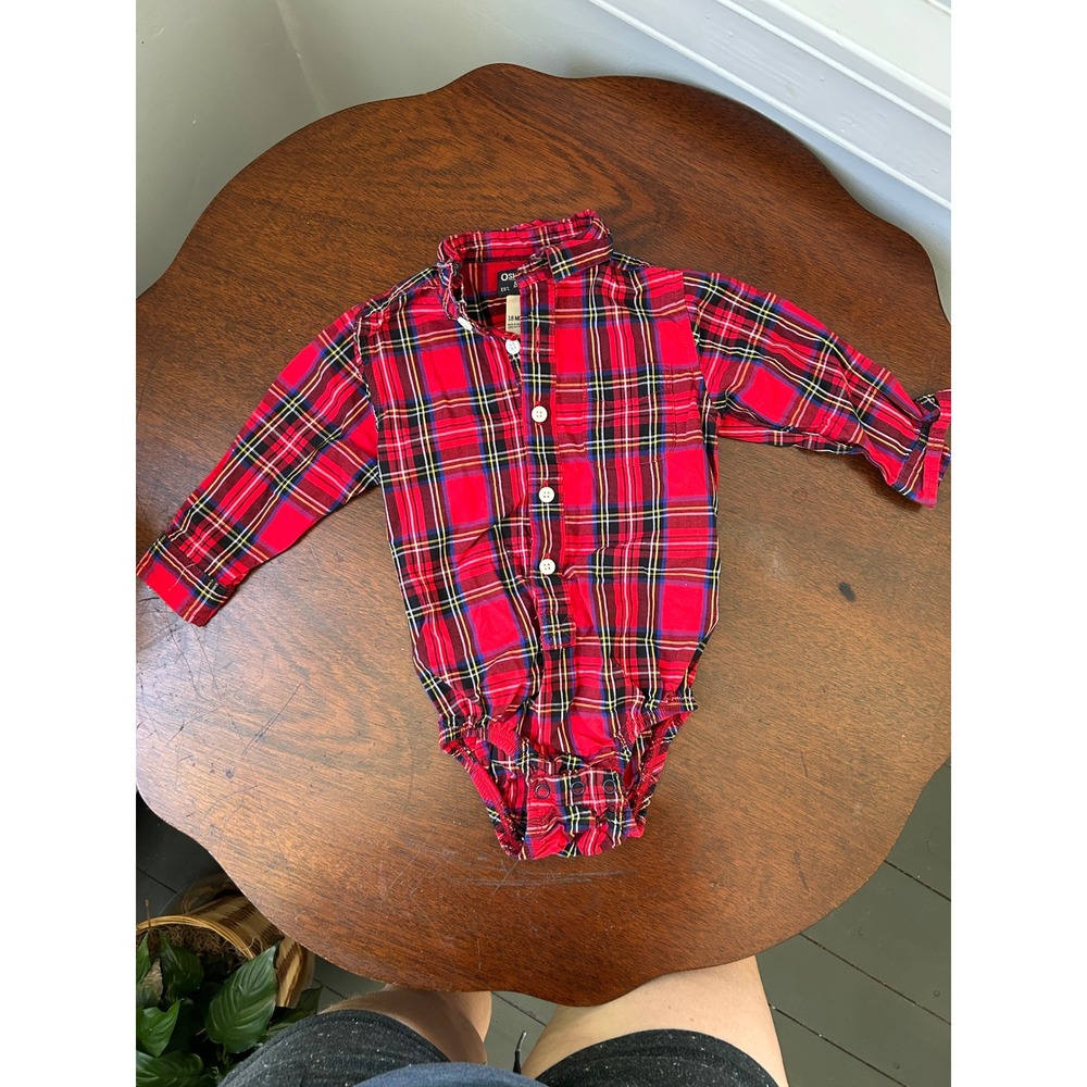 OshKosh Bgosh Baby Boys Red Plaid Long Sleeve Button Front Bodysuit 18 Months